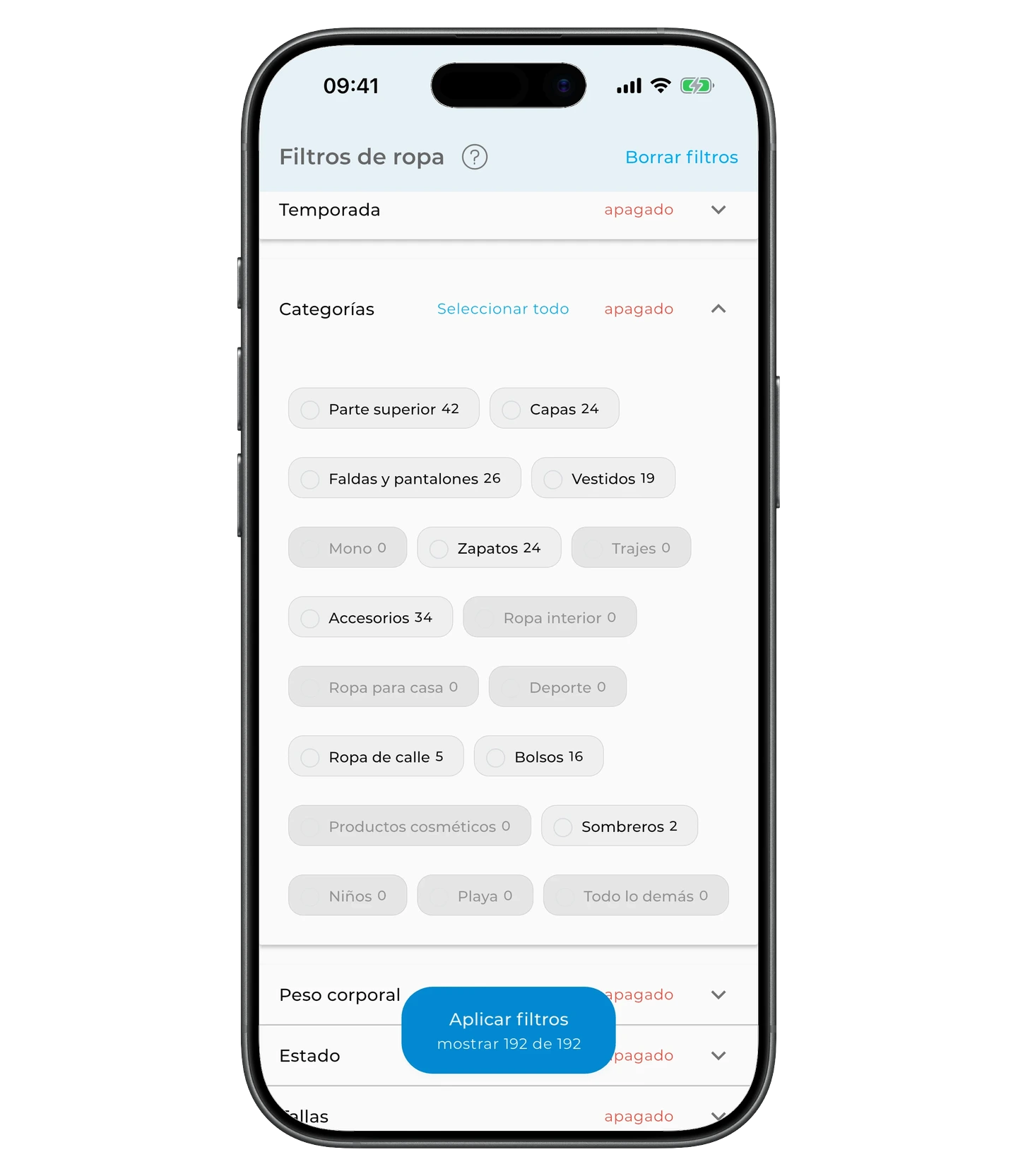 Filtro de categorías desplegado con la lista de categorías