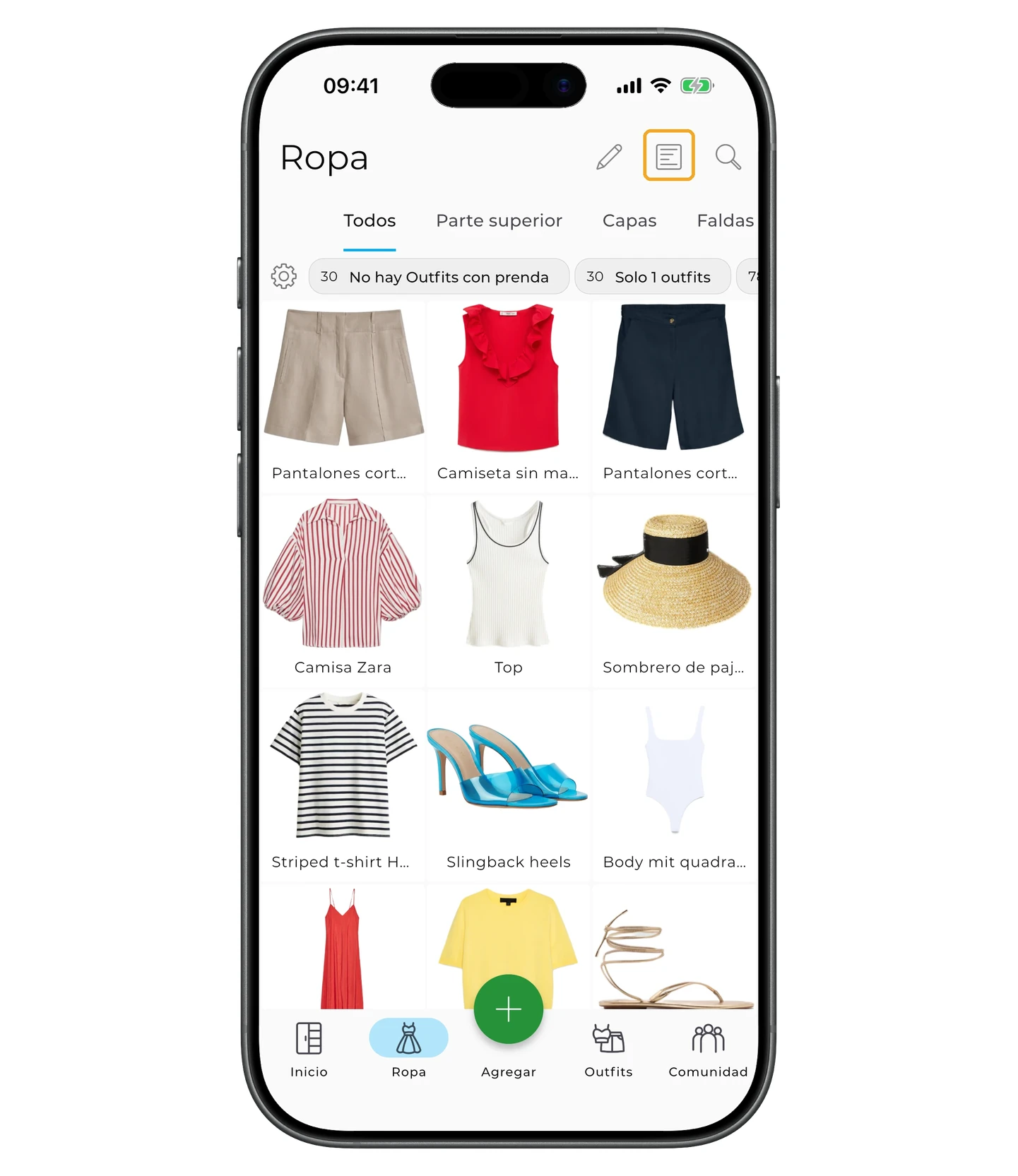 Pantalla Ropa con el icono del filtro en la esquina superior derecha