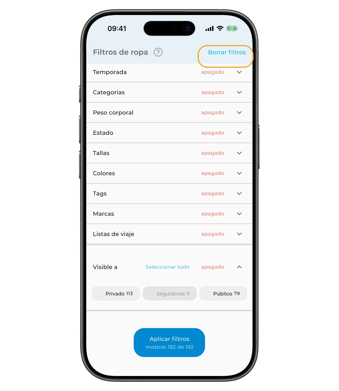 Enlace Borrar filtros en la esquina superior derecha
