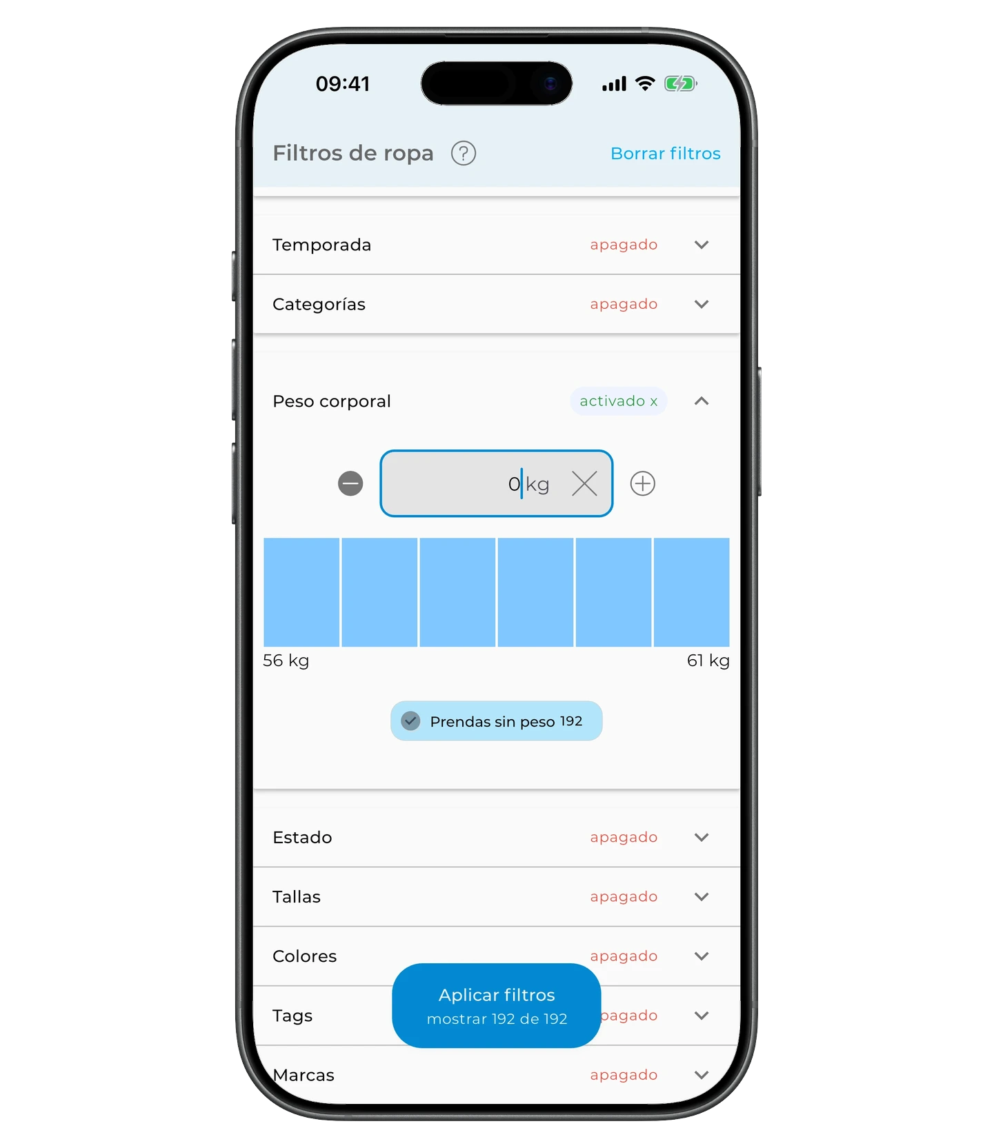 Filtro de peso con la opción Prendas sin peso