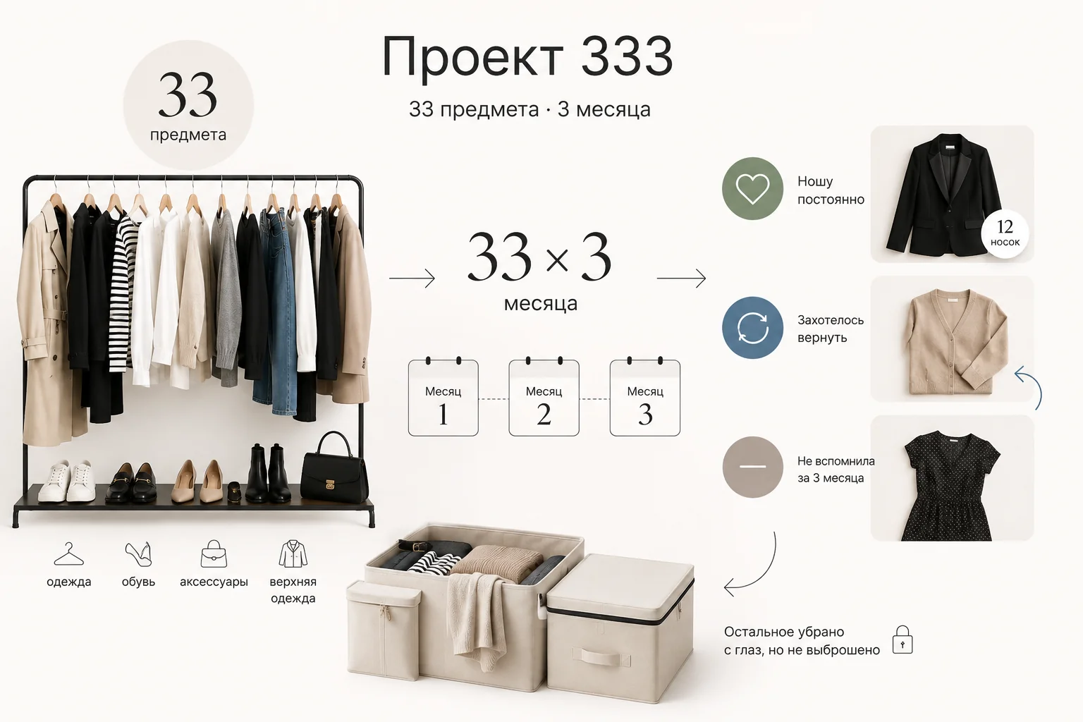 Инфографика Проекта 333: 33 предмета (одежда, обувь, аксессуары и верхняя одежда) на 3 месяца; что носишь постоянно — оставляешь, что захотелось вернуть — возвращаешь, что не вспомнила за 3 месяца — с ним расстаёшься; остальное убрано с глаз, но не выброшено