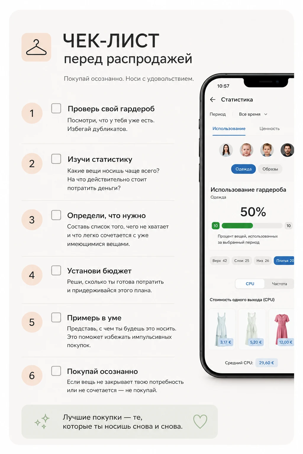 Чек-лист перед распродажей: 5 шагов за 15 минут — посмотреть структуру гардероба, самые носимые вещи, ни разу не надетые, записать 5–7 нужных вещей, установить лимиты